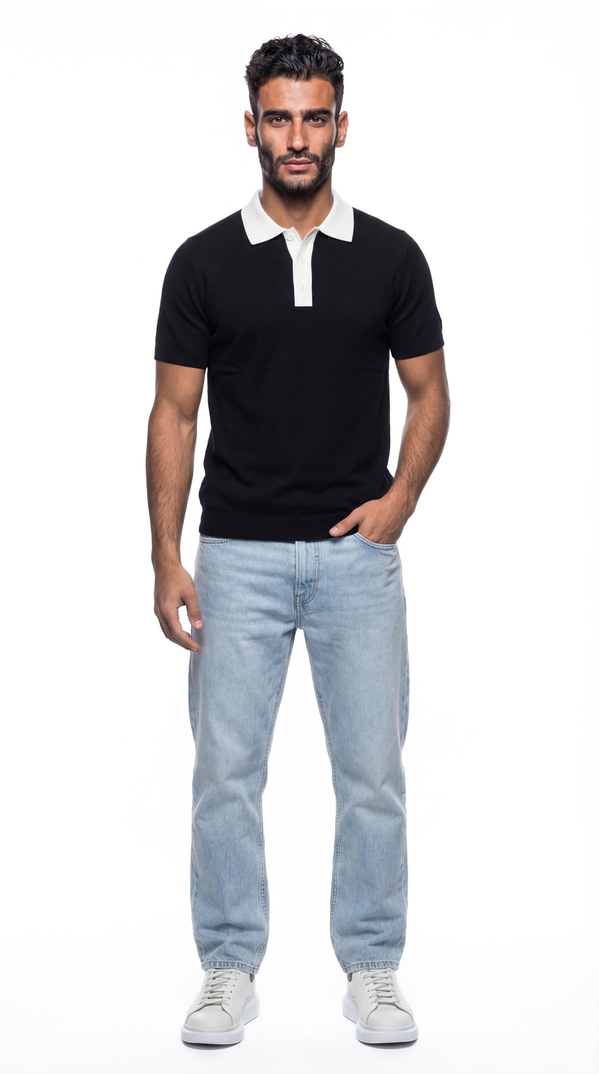 Buttoned Contrast Collar Knit Polo