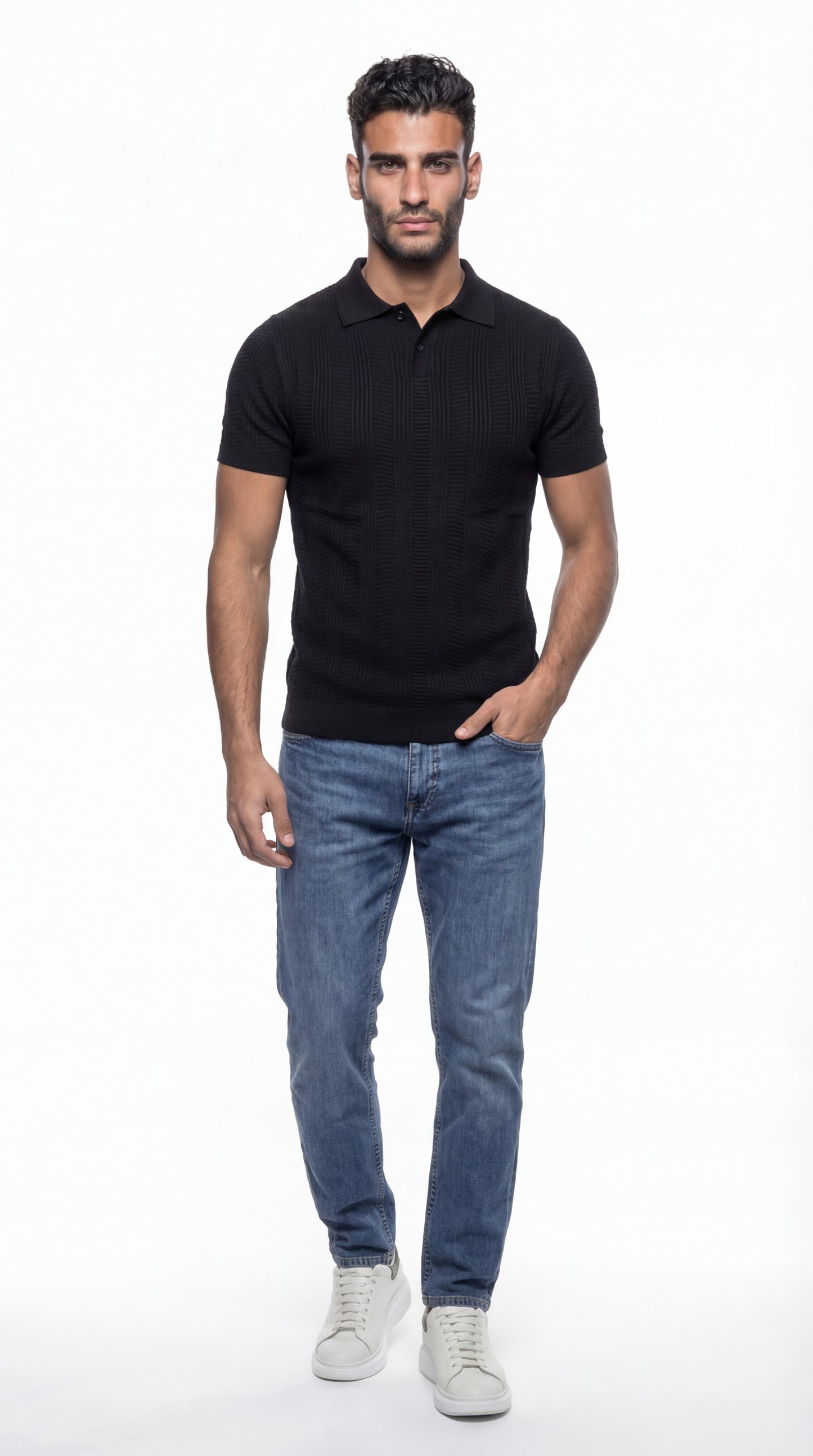 Waffle Striped Knit Polo